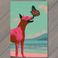 POSTCARD Pink Dog Turquoise Ocean Butterfly Beach Calm Surreal Fantasy Strange picture