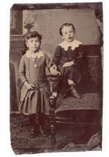 Victorian Young Siblings Children Holding Hands Large Locket 1/6 Plate Tintype picture