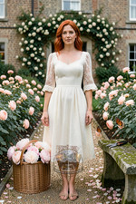 Woman Ivory Lace Tea Dress English Rose Garden Morning Path 4X6 Fantasy Photo picture