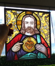Antique French stained glass window panel sacred heart christ religious plaque picture