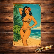 Vintage Bikini Wall Tin Sign Retro Poolside Summer Home Decor picture