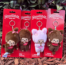 Monchhichi Lot of 4 Plush Keychain Keyrings Brown and Pink Fabric Metal picture