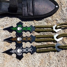 Defender Set Of 3 Skull Design & Green String Throwing Knives With Sheath picture