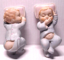 2 VTG Lefton Porcelain Bisque Sleeping Baby Figurines Wall Plaques Pillow Japan picture