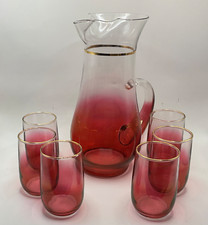 Vintage MCM  Blendo Glass Cranberry Pitcher & 6 Juice Glasses with gold trim picture