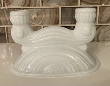 VTG McKee Milk Glass Double Candlestick Holder Art Deco Curved Wave & Scroll picture
