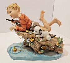 Vtg Mid-Century Modern Lugenes Japan Porcelain Boy Fishing with Dog Figurine picture