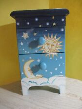 SMALL WOOD BLUE TRINKET/JEWELRY BOX CHEST W/DECORATIVE CELESTIAL THEME 2 DRAWERS picture