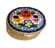 Vintage Murano Italy Micro Mosaic  Flowers Hinged Mini Trinket/Pill Box picture