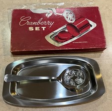 VTG-Cranberry Serving Set - Stainless steel Dish & Slotted Spoon, In Box, Unused picture