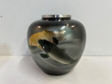 Vintage Koi Fish Japanese Etched Pottery Black and Gold Decorated Vase picture
