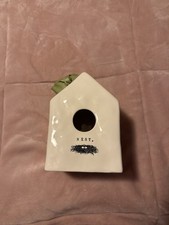 Rae Dunn NEST Ceramic Birdhouse with Green Ribbon Cream picture
