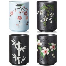 Qinyoung 4 Pcs Japanese Tea Cups Ceramic 10 oz No Handle, Flower， Bamboo picture