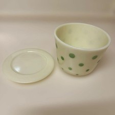 McKee Custard Cup Green Polka Dot Vintage with Lid White 11.5 cm Tall 16 cm Wide picture