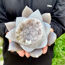 417G Natural Agate Geode Carved Lotus Flower, Hand Carved Healing Crystal Home D picture