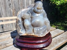 Large Hand Carved Translucent Agate Chalcedony Laughing Buddha Sculpture w/Base picture