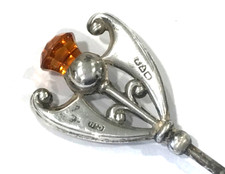 ANTIQUE CHARLES HORNER  HM SILVER THISTLE DESIGN HAT PIN Amber Glass 1911 picture