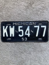1953 Michigan  License Plate - KW 5477 -  Nice picture