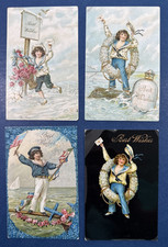 4 Children Greetings Antique Postcards. Young Boy, Sailors. EMB, Gold. Colorful picture