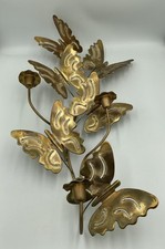 Vtg MCM Metal Art Brass Butterflies Wall Hanging 3 Candle Sconces 24” x 11” EUC picture