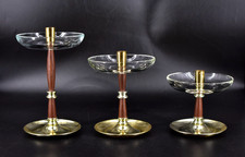 VTG 1970s Wood, Glass, Brass Tone Candlesticks Holders Set of 3 Home Decor picture