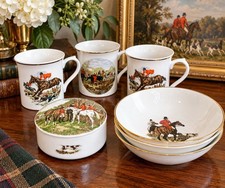The Huntsman Fox Hunt Equestrian China 7 Pc Set Mugs Bowls Trinket Box English picture