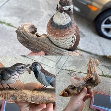 Vintage 1980s Bird Pair Figurine on Driftwood Base Hand Carved w/ tag lot  picture