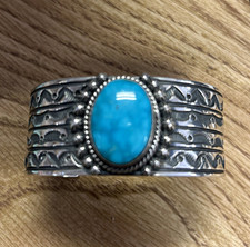 Native American Turquoise/Sterling Silver Signed Delvin John Cuff Bracelet  picture