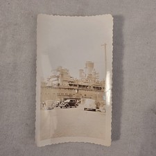 Vintage B&W Photo US Naval Ship Harbor Dock 1930s 1940s Cars Deckled Edge picture