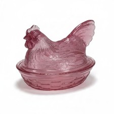 Longaberger Pink Glass Hen on Nest Covered Candy Dish Chicken w/ Original Box picture