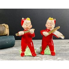 Little Red Devils Salt and Pepper Playing Violin and Flute Napco MCM 1950s 60s picture