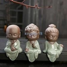 3pcs Chinese Little Monk Buddha Statue Boutique Purple Sand Tea Pet Home Decor picture