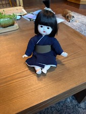 Vintage Japanese Ichimatsu Style Child Doll Navy Kimono Black Hair Seated 8” picture
