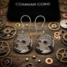 1937 Hobo Nickel Cut Coin Earrings Skull Skeleton Man Wearing Bowler Hat Custom picture