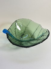 Dynasty Gallery Art Glass Green Leaf Bowl Fused Blue Glass Stem picture