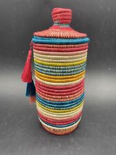 Coil Weave Basket Handmade Colorful Tassels Lidded Tall Coil Basket Made Rwanda picture