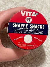Vintage Vita Snappy Snacks Herring Tid Bits Glass Jar Metal Lid 6 oz (Read) picture