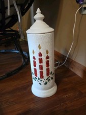 VINTAGE WHITE 18in PLASTER  CHRISTMAS  LIGHT CANDLE  RED, GLEEN CRUSHED GLASS picture