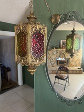 Vintage 1970s Spanish Revival Hanging Swag Lamp Gothic Amber Red Glass Ornate picture