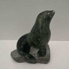 Vtg. Alaskan, Hand-Carved, Signed by “Anton” Inuit Soapstone, Seal on a Rock picture