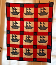 Vintage Pattern Sailboats Quilt Wall Hanging 44”X35” Red, White & Blue, Children picture