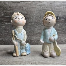 Vintage Boy Fishing Girl Tennis Figurines Ceramic Porcelain Figures Pair Decor picture