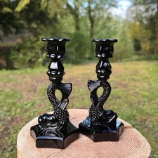 PAIR 40’s WESTMORELAND BLACK MILK GLASS CANDLE HOLDERS Chinese Dolphin Koi Fish picture