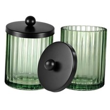 Green Glass Apothecary Jar, Qtip Holder for Bathroom() 2 Pack Black picture