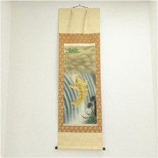 Taizan Carp Lucky Fish Hanging Scroll Hand-Painted Silk Art Antique Japan picture