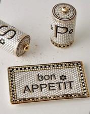 NEW ANTHROPOLOGIE BISTRO TILE MOSAIC SALT PEPPER SHAKER 3 PC. SET BON APPETIT picture