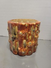 Vintage Ceramic Bamboo Planter Orange Green Drip Glaze picture