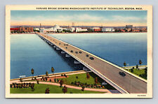 c1935 Linen Postcard Boston MA MIT Harvard Bridge Charles River Cars picture