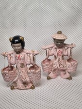 Vintage Tilso Japan Asian Water Carrier Figurine Pair Pink Spatter Spaghetti Set picture