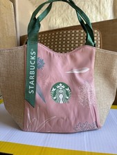Starbucks Logo Pink & Beige Tote Bag w/ Green Handles Coffee & Tea Theme picture
